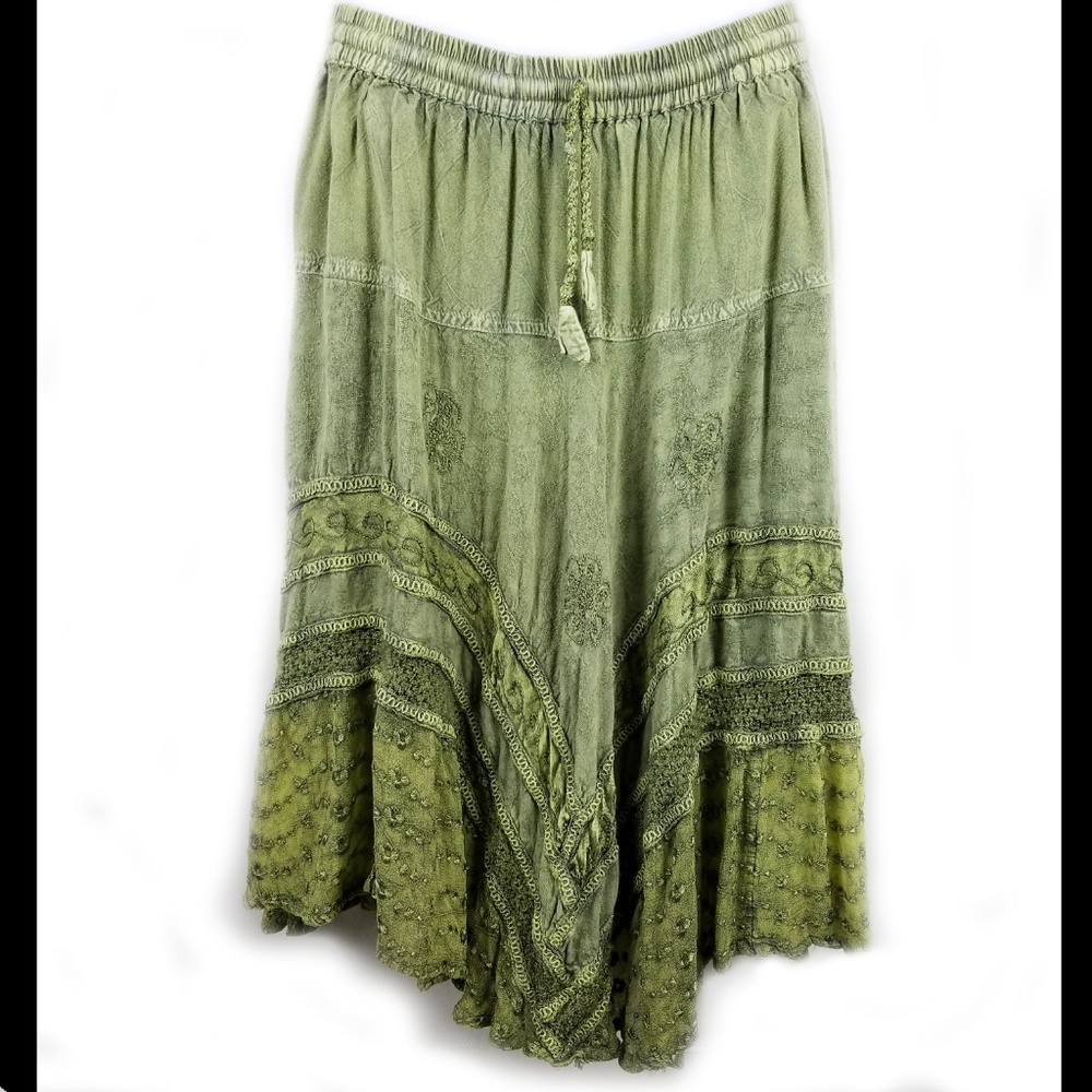 INDIAN BOHO GYPSY SKIRT MACRAME  EMBROIDERY GREEN - Picture 2 of 4